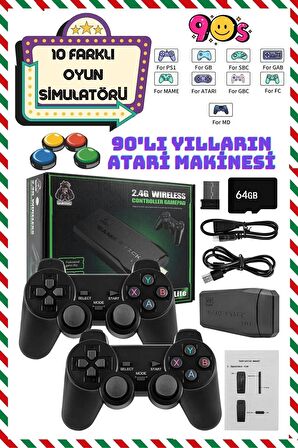 2.4g Kablosuz Çift Kol Retro Oyunlar 4k Game Stick 64gb Hafıza 10000 Oyun Atari