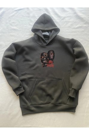 Gang Baskılı Siyah Erkek Kapüşonlu 3 iplik Şardonlu Ribanalı Sweatshirt Hoodie