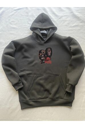 Gang Baskılı Siyah Erkek Kapüşonlu 3 iplik Şardonlu Ribanalı Sweatshirt Hoodie