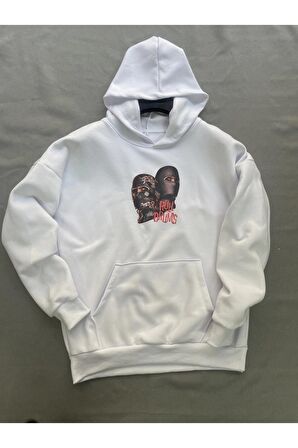 Gang Baskılı Beyaz Erkek Kapüşonlu 3 iplik Şardonlu Ribanalı Sweatshirt Hoodie