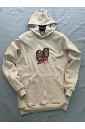 Gang Baskılı Bej Erkek Kapüşonlu 3 iplik Şardonlu Ribanalı Sweatshirt Hoodie