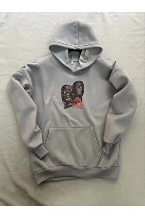 Gang Baskılı Gri Erkek Kapüşonlu 3 iplik Şardonlu Ribanalı Sweatshirt Hoodie