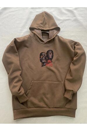 Gang Baskılı Kahverengi Erkek Kapüşonlu 3 iplik Şardonlu Ribanalı Sweatshirt Hoodie