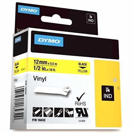 DYMO RhinoPRO Renkli Vinil Şerit 12mmx5,5m Sarı/Siyah 18432