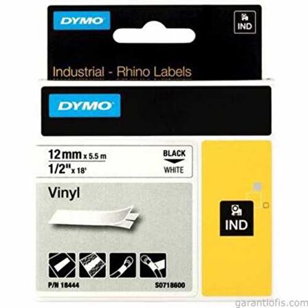 DYMO RhinoPRO Renkli Vinil Şerit 12mmx5,5m Beyaz/Siyah 18444