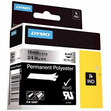 DYMO Rhino Pro Sabit Polyester Şerit 19mmx5,5m MetalikGri/Siyah (18487)