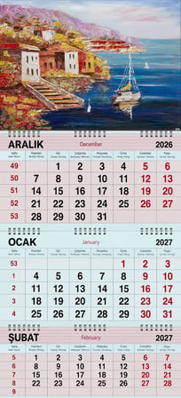  2027 Yılı Gemici Takvimi- Sahilde Evler ve Tekne Yağlı Boya