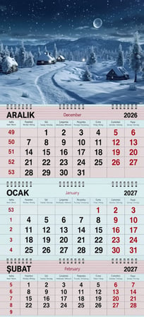 2027 Yılı Gemici Takvimi- Kasabada Karlı Kış Gecesi ve Muhteşem Ay Manzarası