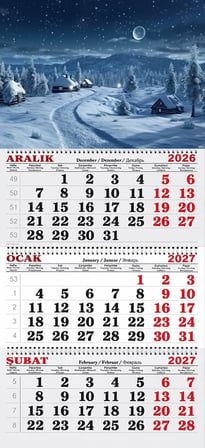 2027 Yılı Gemici Takvimi- Kasabada Karlı Kış Gecesi ve Muhteşem Ay Manzarası