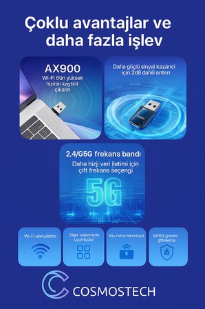 Cosmostech AX900 Wifi 6 & Bluetooth 5.4 USB Adaptör – 900 Mbps Çift Bant 2.4g/5g Kablosuz Alıcı, Sürücüsüz, WIN10/WIN11 Uyumlu