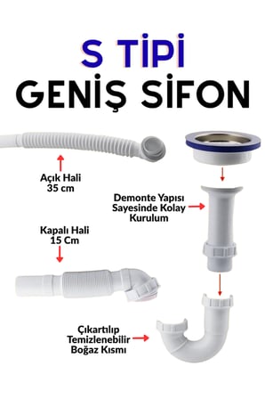 Esnek Körüklü Lavabo Sifonu - Süzgeçli Geniş Kafalı Pis Su Gider Borusu 15-35 cm Mutfak Gider Borusu