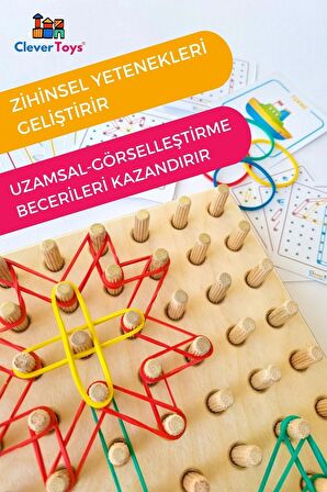 Ahşap Geometri Tahtası - Tak Çıkar Montessori Eğitici Oyuncak- Geoboard / Lastik Geçirme Çocuk Oyunu