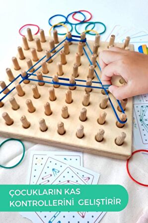 Ahşap Geometri Tahtası - Tak Çıkar Montessori Eğitici Oyuncak- Geoboard / Lastik Geçirme Çocuk Oyunu