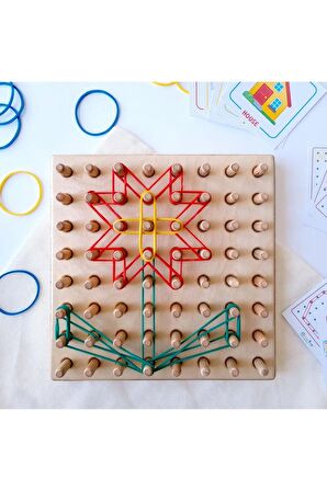 Ahşap Montessori Geometri Tahtası - Lastik Geçirme Eğitici Tak Çıkar Oyuncak- Geoboard