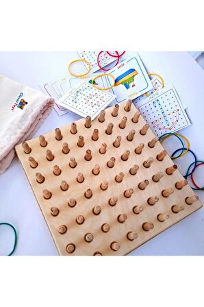 Ahşap Montessori Geometri Tahtası - Lastik Geçirme Eğitici Tak Çıkar Oyuncak- Geoboard