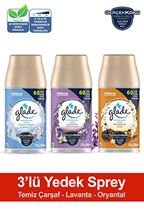 Oda Kokusu Yedek Sprey Temiz Çarşaf Ferahlığı, Lavanta Ferahlığı, Oryantal 3 x 269 ml./175gr.