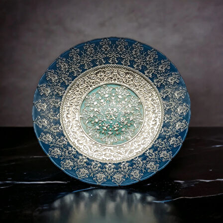 Glaze Mud Mavi ve Gümüş Detaylı Cam Dekoratif Tabak - 30 cm