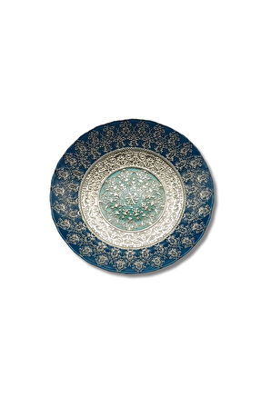 Glaze Mud Mavi ve Gümüş Detaylı Cam Dekoratif Tabak - 30 cm