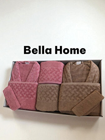 Bella Home 8 Parça Hasır Aile Bornoz Seti - Çeyiz Seti - %100 Pamuk - Orijinal Lüks Kutu
