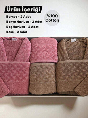 Bella Home 8 Parça Hasır Aile Bornoz Seti - Çeyiz Seti - %100 Pamuk - Orijinal Lüks Kutu