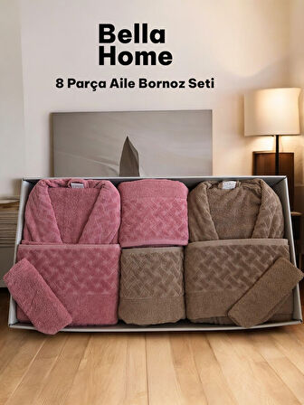 Bella Home 8 Parça Hasır Aile Bornoz Seti - Çeyiz Seti - %100 Pamuk - Orijinal Lüks Kutu