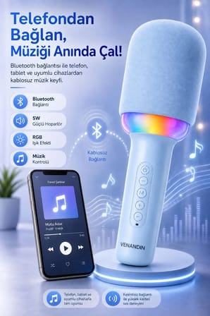 Kablosuz Bluetooth Karaoke Mikrofonu 5W RGB Işıklı Taşınabilir Kablosuz Mikrofon Şarjlı 1200 mAh