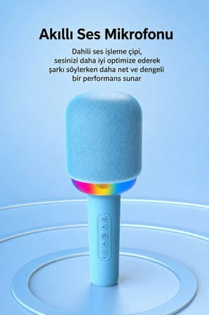 Kablosuz Bluetooth Karaoke Mikrofonu 5W RGB Işıklı Taşınabilir Kablosuz Mikrofon Şarjlı 1200 mAh