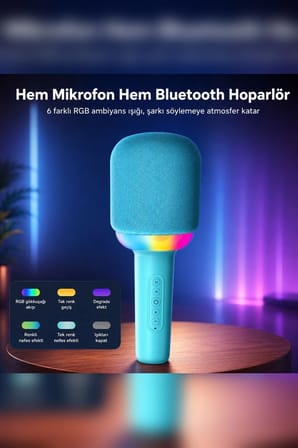 Kablosuz Bluetooth Karaoke Mikrofonu 5W RGB Işıklı Taşınabilir Kablosuz Mikrofon Şarjlı 1200 mAh