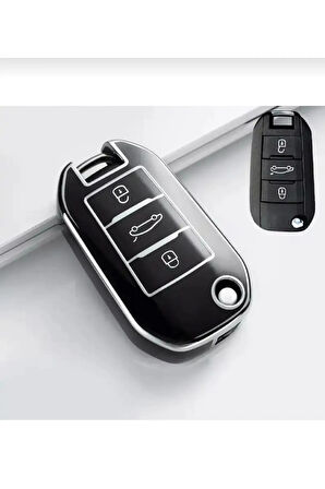 Peugeot 301 308 208 508 2008 3008 Citroen C3 C4 Opel Combo Nano Sustalı Anahtar Kılıfı Siyah Gümüş
