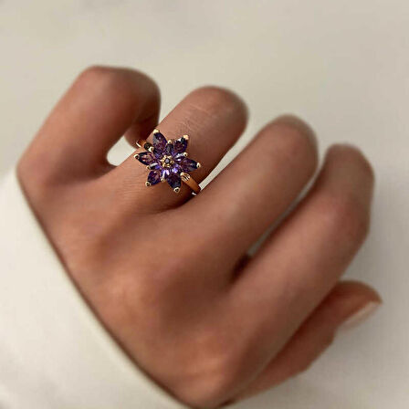 Gümüş Rose Mor Lotus Çiçeği Yüzük