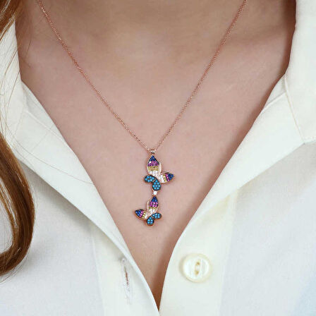 Gümüş Rose  Çift Kelebek Kadın Kolye