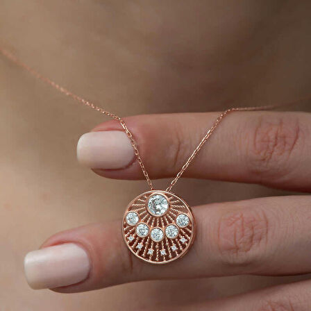 Gümüş Rose Etnik Desenli Rose Kadın Kolye