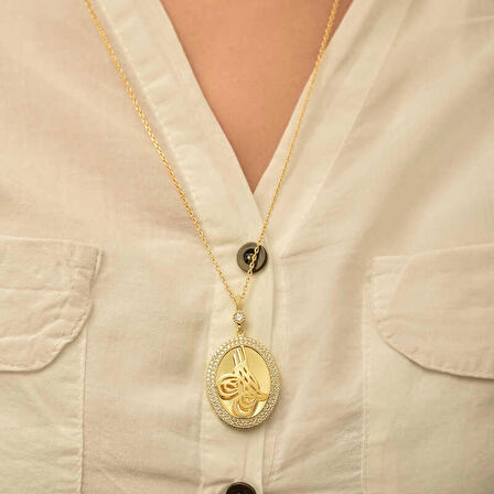 Gümüş Gold Tuğralı Oval Kadın Kolye