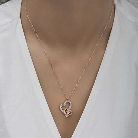 Gümüş Birleşmiş Kalpler Kadın Kolye