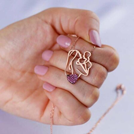 Gümüş Kalpli Anne Çocuk Kolyesi