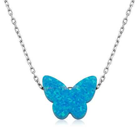 Gümüş Mavi Opal Taş Kelebek Kadın Kolye