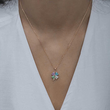 Gümüş Rose Renkli Taşlı Kalp Yonca Kadın Kolye