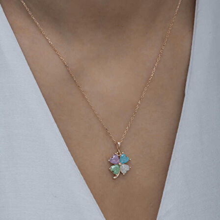 Gümüş Rose Renkli Taşlı Kalp Yonca Kadın Kolye