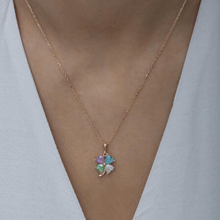 Gümüş Rose Renkli Taşlı Kalp Yonca Kadın Kolye