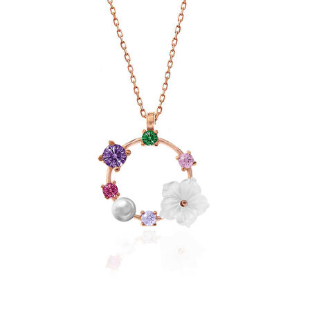 Gümüş Rose Renkli Taşlı Manolya Çiçeği Kadın Kolye