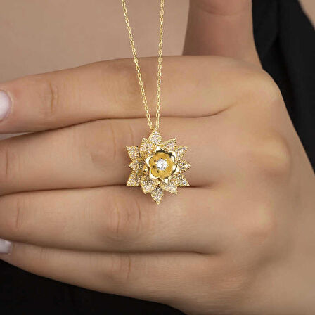 Gümüş Gold Beyaz Taşlı Lotus Çiçeği Kadın Kolye