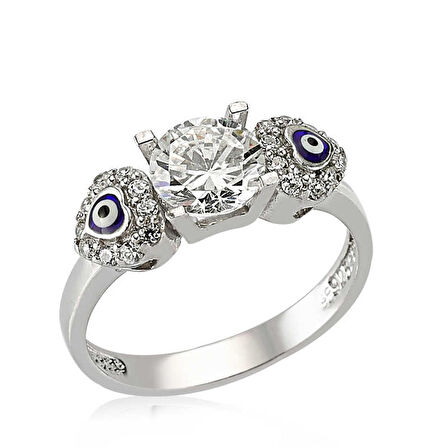 Gümüş Kalp Nazarlı Tek Taş Kadın Yüzük