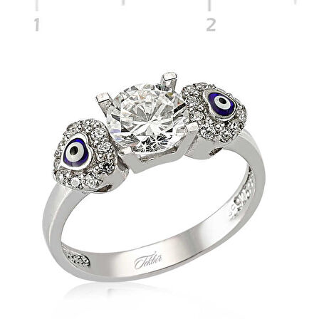 Gümüş Kalp Nazarlı Tek Taş Kadın Yüzük