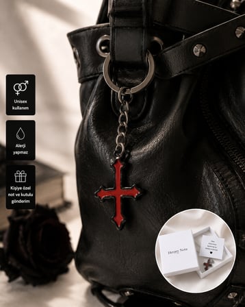 Kırmızı Siyah Gotik Haç Anahtarlık – Alternatif Stil Unisex Aksesuar