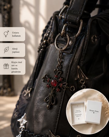 Kırmızı Taş Detaylı Vintage Stil Anahtarlık – Alternatif Tasarım Unisex Aksesuar