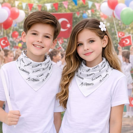 Beyaz Atatürk İmza Desenli Kare Fular Bandana 10’lu Set Unisex