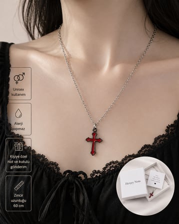 Kırmızı Siyah Minimal Gotik Haç Kolye – Alternatif Stil Unisex Zincir Kolye