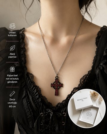 Kırmızı Siyah Desenli Alternatif Stil Kolye – Unisex Zincir Kolye