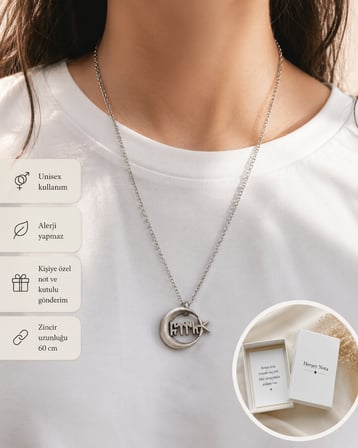 Göktürk Yazı Esintili Ay Yıldız Detaylı Metal Kolye Unisex Zincir Kolye