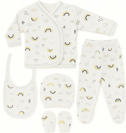 %100 Pamuklu 5 Parça Yenidoğan Hastane Çıkışı Seti – Bebek Zıbın Takımı, Şapka, Önlük, Eldiven